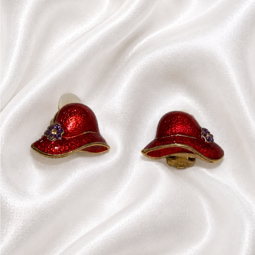 RED HAT SOCIETY Red Enamel Hat Clip-On Earrings with Purple Flower Accent